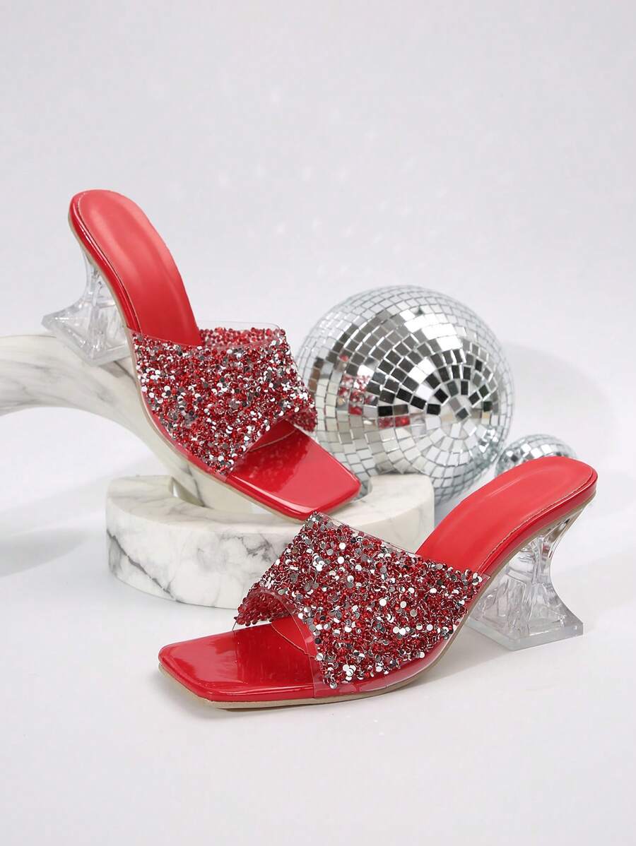Women's New Summer High Heel Slippers, Red Crystal Rhinestone Embellished High Heels, Fashionable Asymmetric Crystal Heel Sandals, Suitable For Various Occasions, Red High Heels Valentines