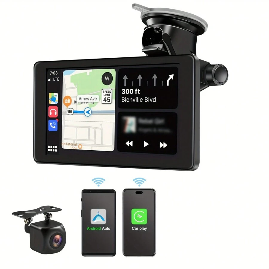 Portable Car Play Android Auto Screen For Car, 7 Inch IPS Touch Screen Wireless Car Play Driveplay Multimedia Player With Voice Control, Mirror Link For All Vehicle