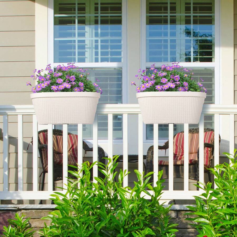 Aoodor 4pcs 19.6'' Balcony Rattan Pattern Railing Planter Box With Drainage Holes And Adjustable Brackets For Outdoor Garden Patio,Deck,Fence