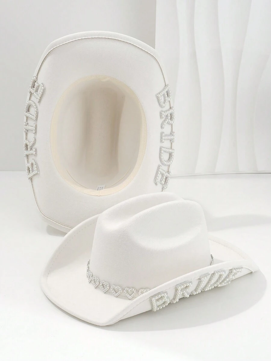 1PC Women's White Solid Color Shiny Wide-Brimmed Cowboy Hat. 2024 Wedding Essentials,Unique Luxurious Crystal Square Small Bright Diamond Colored Gemstone Paired Eye Shape With Faux Pearl Letter 'BRIDE' Bridal Hat.