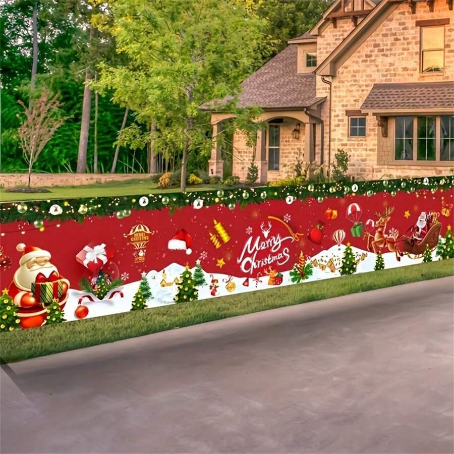 Christmas Outdoor Banner Decoration, 200x40cm Polyester Hanging Banner With Santa & Snowman, Festive Entryway Garden Decor, Multipurpose Merry Christmas New Year Holiday Banner Without Electricity