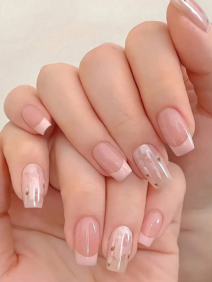 24 szt. kwadratowe naturalne francuskie paznokcie do manicure, błyszczące perły i motyle, słodki i rozjaśniający design, pełne pokrycie dla kobiet i dziewcząt