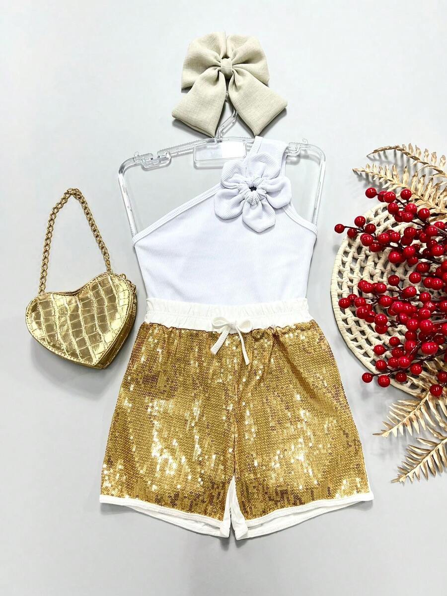 ISA KIDS - Conjunto de Menina infantil Roupa de Natal Blusa Nula Manga e Short Paetê de Brilho Moda Festas Mini Diva