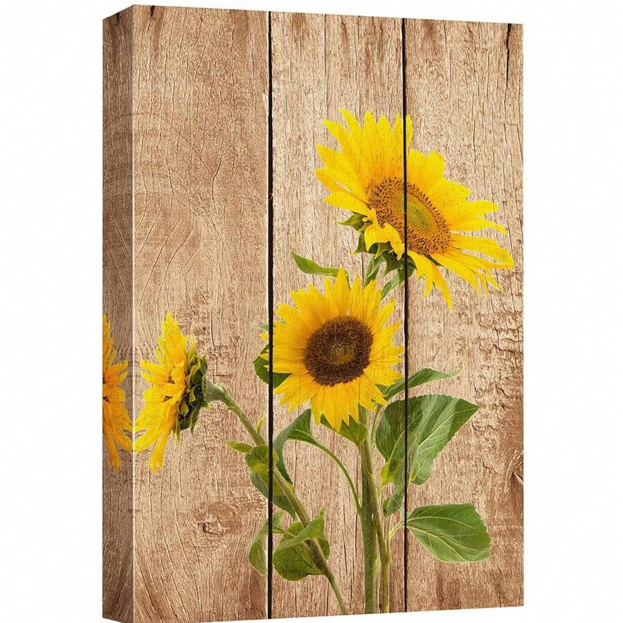 1PC With Frame Canvas Print Wall Art Yellow Sunflower Trio Wood Board Nature Wilderness Digital Art Realistic Chic Colorful Multicolor Super Suitable For Living Room, Bedroom, Office, Apartment, Hotel, Dressing Room, Coffee Shop Wall Decoration