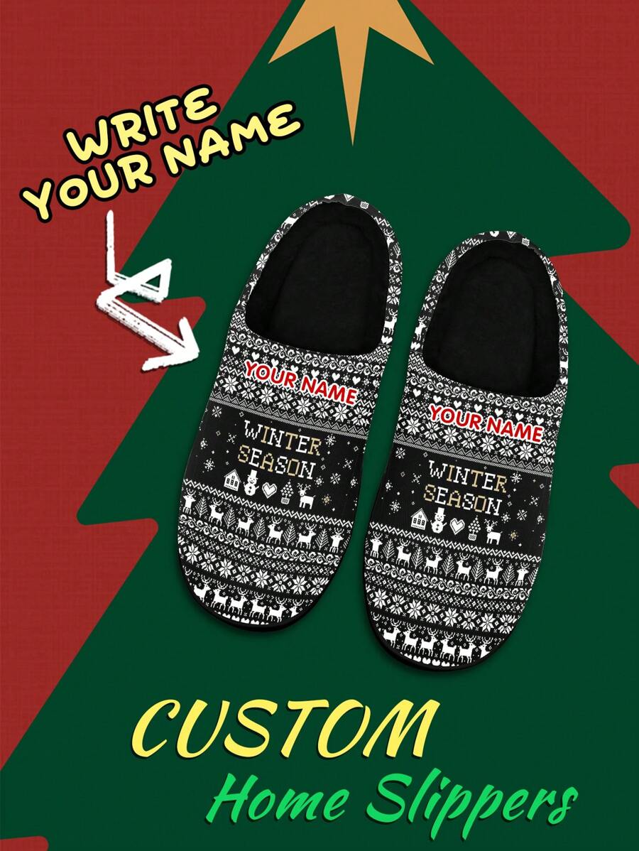 Men's Custom Name Christmas Home Slippers, Black Christmas Pixel Grid Designed Lightweight Comfortable Soft Bottom Home Slippers For Man, Personalized Fun Christmas Gift For Mom/Dad/Her/Him/Girlfriend/Boyfriend/Wife/Husband/Friend