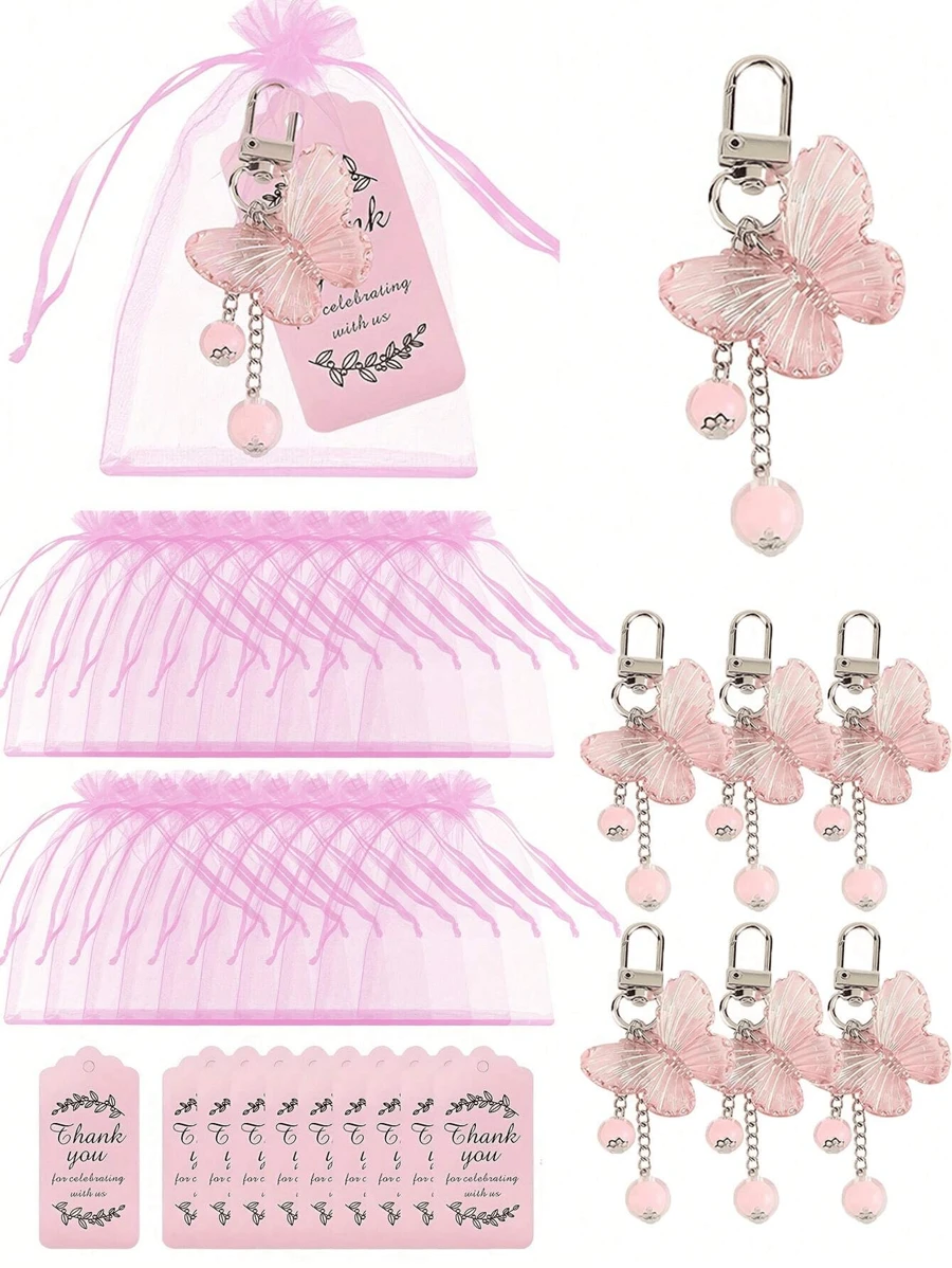 Set de 18 piezas Llavero de mariposa de acrílico rosa, incluye colgante de mariposa, etiquetas de agradecimiento y bolsas de organza, regalos para despedida de soltera, recuerdos de boda, fiesta de cumpleaños con tema de mariposas, fiestas, regalos de fiesta perfectos para eventos con tema de mariposas