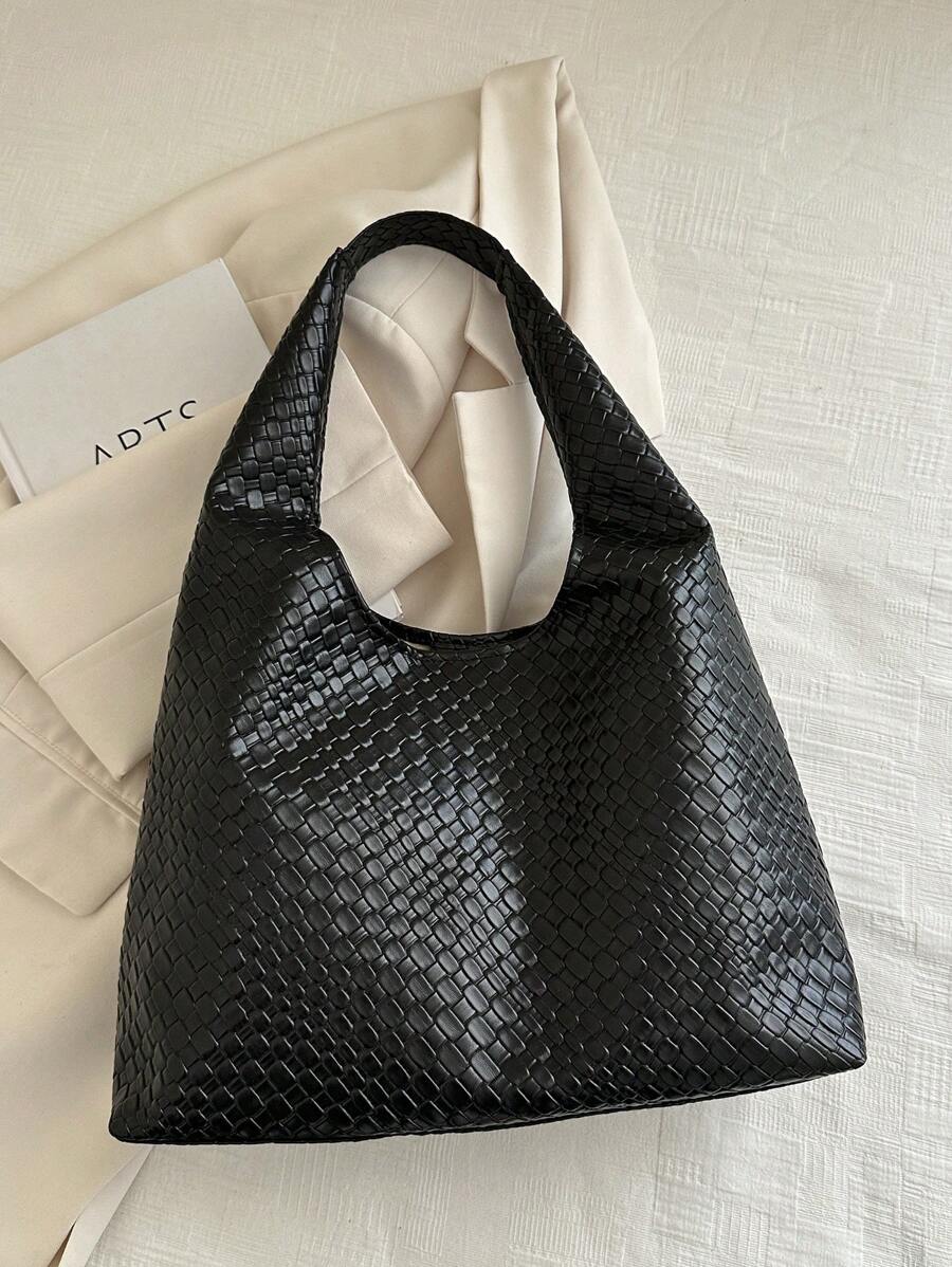 Bolso de hombro en forma de media luna tejido de PU con monedero, bolso de mano de mujer