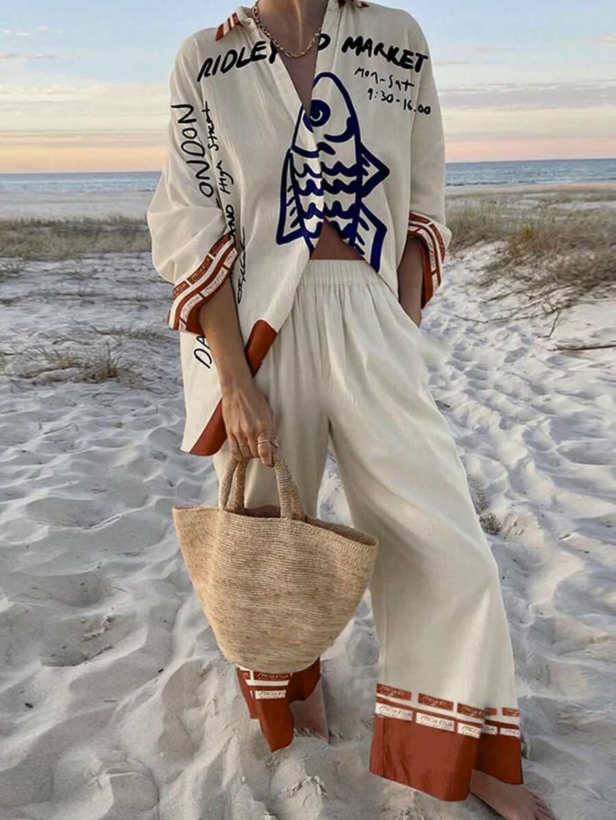 Boho Holiday Outfit Women Oversized Fashionable And Casual Spring And Summer Contrasting English Letter Pattern Multi-Ugly Fish Digital Printed Shirt Long-Sleeved Trousers Two-Piece Set
