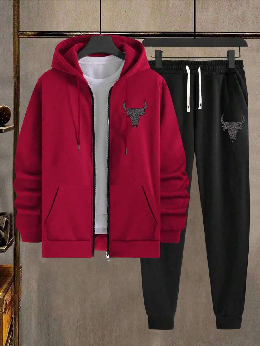Nouveau set de 2 pièces pour hommes, tenue de sport décontractée avec imprimé graphique, coupe regular, convient pour le fitness et la course, veste à manches longues et pantalon