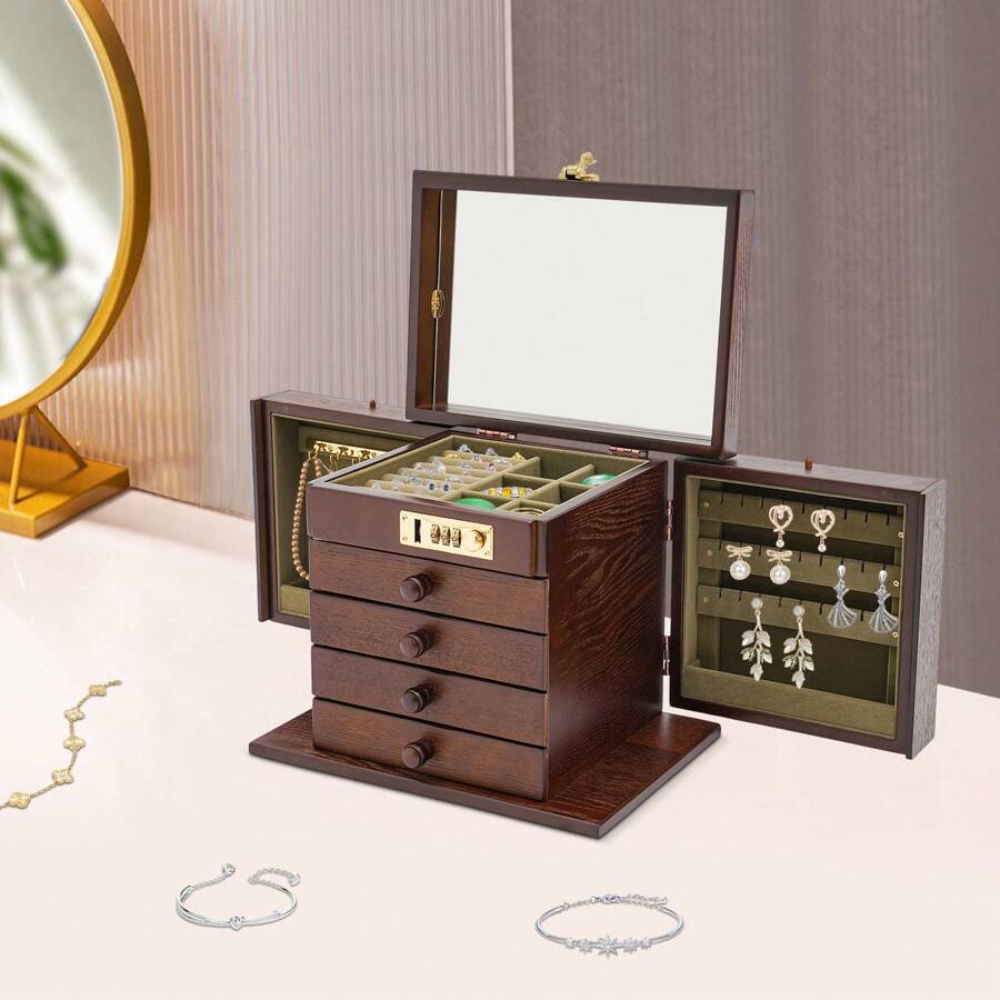 Boîte à bijoux en bois à 6 niveaux avec miroir et 4 tiroirs, organisateur de bijoux pour colliers, bracelets, montres. Idéal pour la rentrée scolaire et le stockage en dortoir.