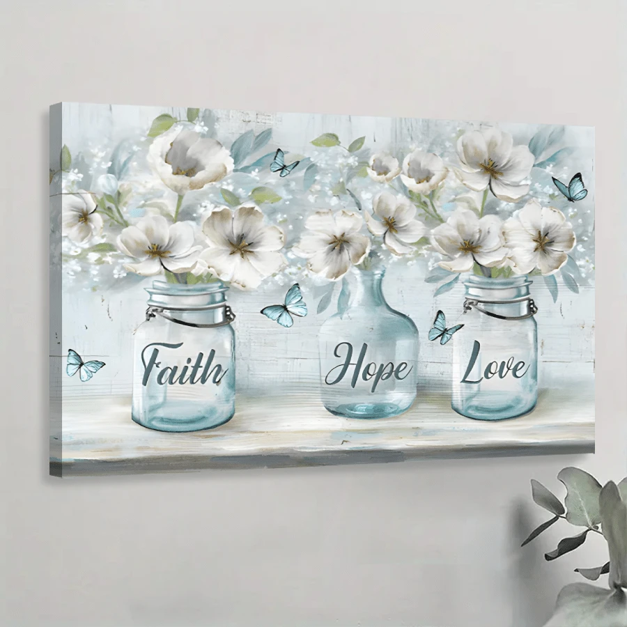 1 Pc White Flower Flower Vase Blue Butterfly Faith Hope Love Jesus Landscape Canvas Prints Christian Wall Art For Living Room Bedroom