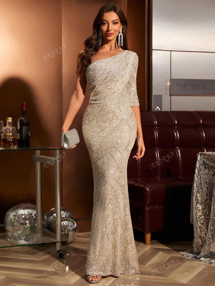 Vestido de noche elegante para invitados de boda con hombro asimétrico, con lentejuelas, manga 3/4, silueta de sirena ajustada, vestido de fiesta, vestido de gala, vestido de noche