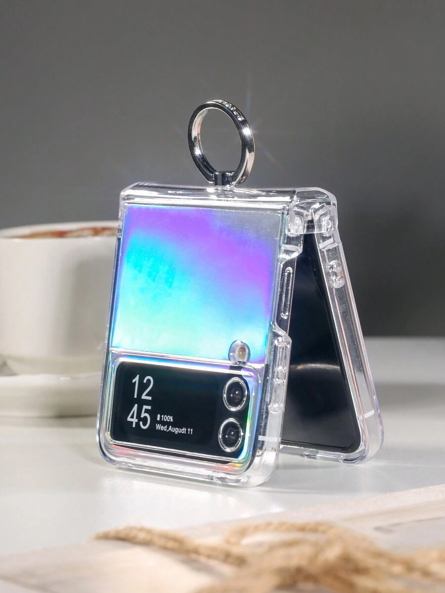 1pc Foldable Heart-Shaped Phone Case With Laser Cardboard Hinge Holder Ring, Compatible With Samsung Galaxy Z Flip3 5G, Galaxy Z Flip4 5G, Galaxy Z Flip5 5G, Galaxy Z Flip6 5G
