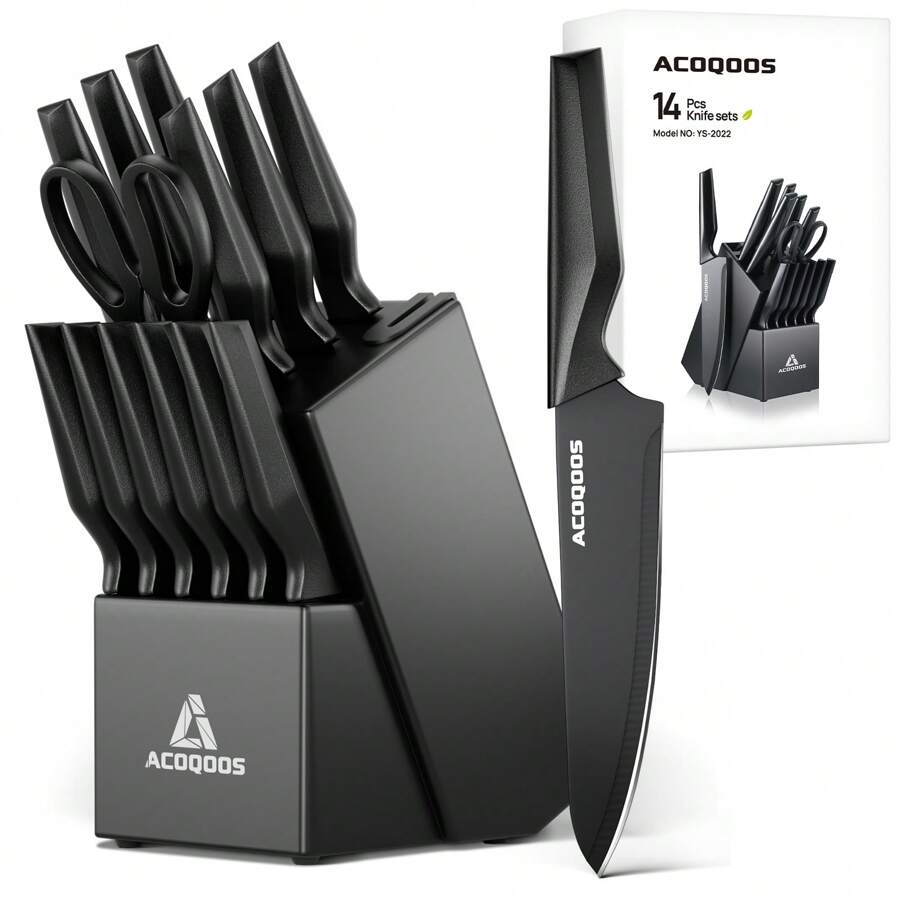Set di 14 coltelli con blocco portacoltelli, con affilatore integrato, per uso in cucina - Set di coltelli da cucina nero di ACOQOOS