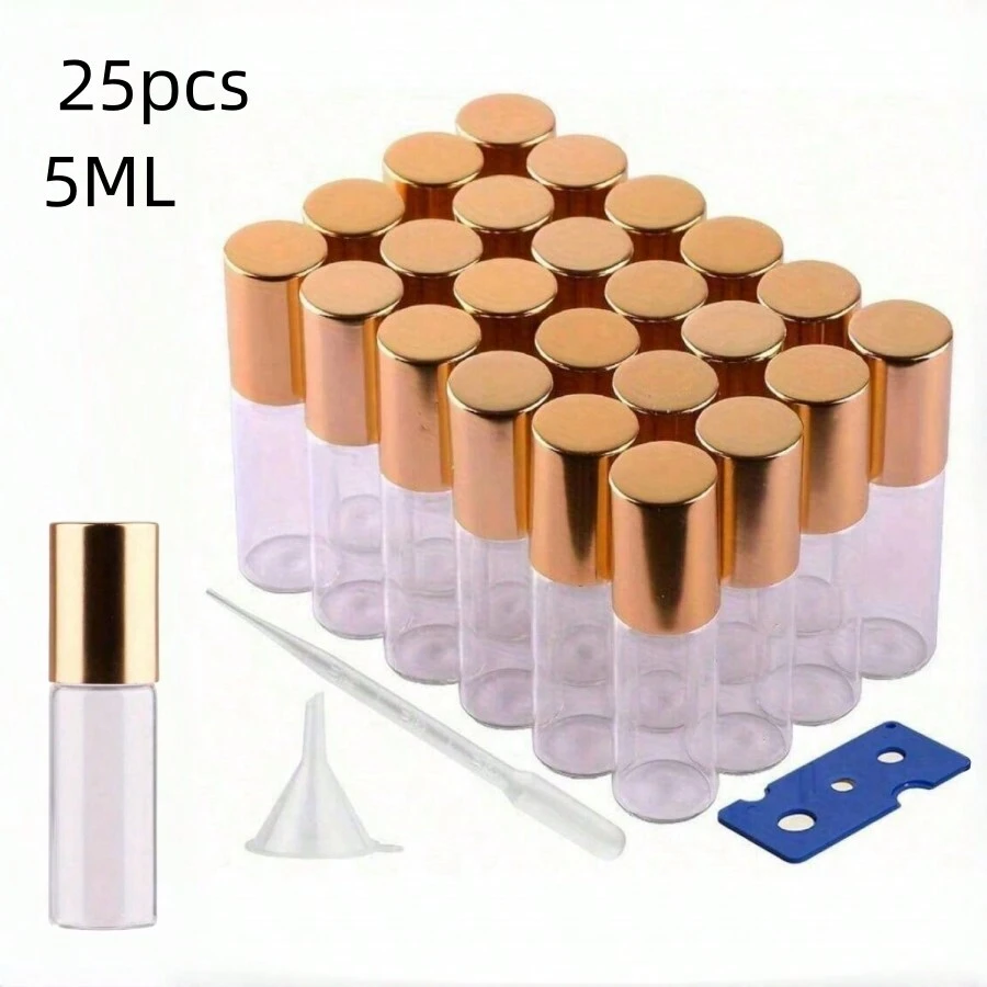 25 szt., 5 ml złote nakrętki, kulki stalowe, przezroczyste szklane butelki z olejkami eterycznymi, napełniane, idealne do domu, podróży i testowania próbek, zawiera otwieracz, pipetę i lejek