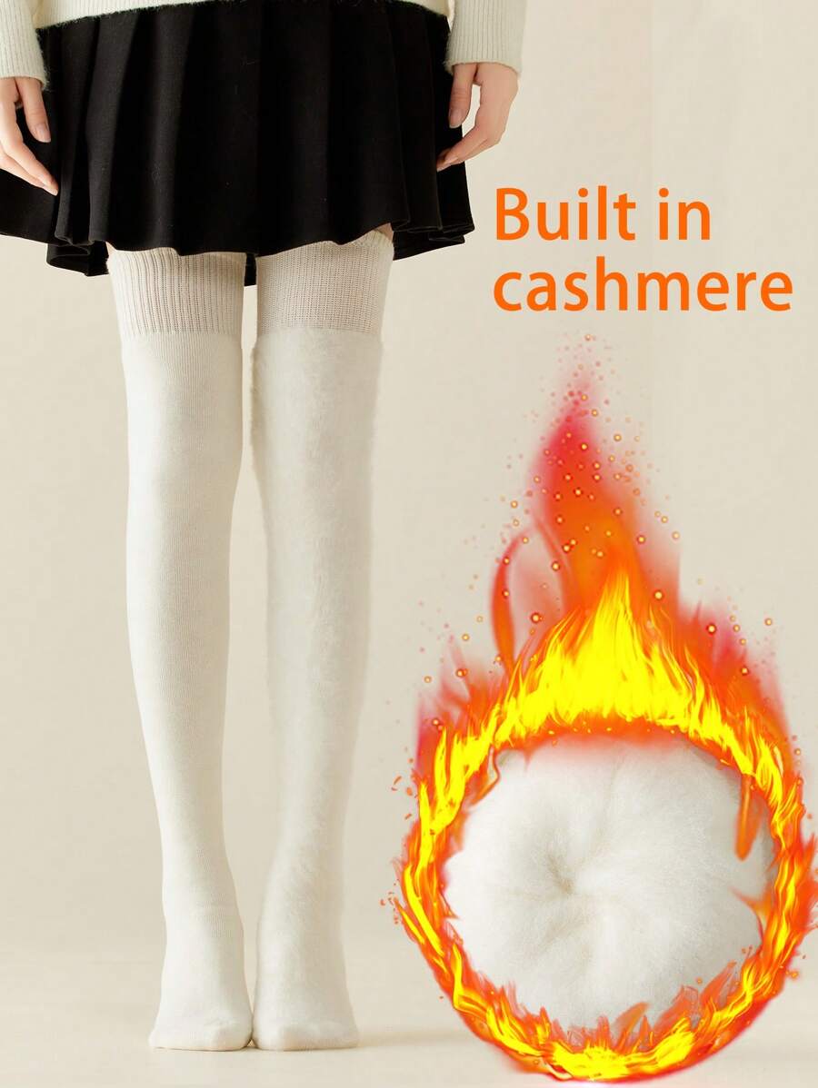 1 Pair Wool Thigh High Socks For Women, White, Thick, Warm And Furry, Suitable For Autumn/Winter
