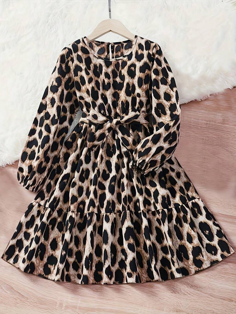 Vestido informal con estampado de leopardo para niñas pre-adolescentes