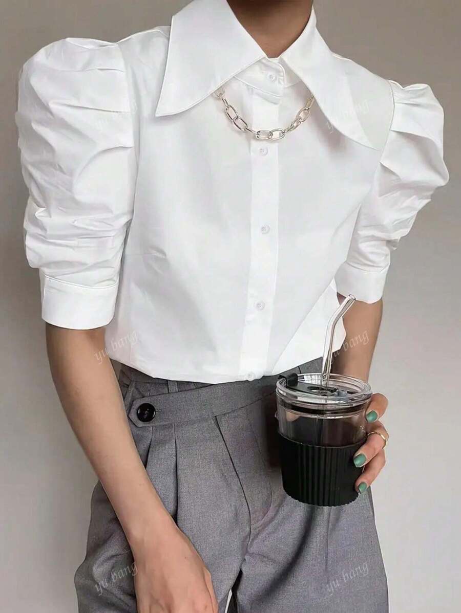 Blusa de manga abullonada de unicolor vibrante - Diseño elegante con botones delanteros, tela transpirable, ajuste relajado, esencial para primavera y verano, ropa de mujer para uso diario