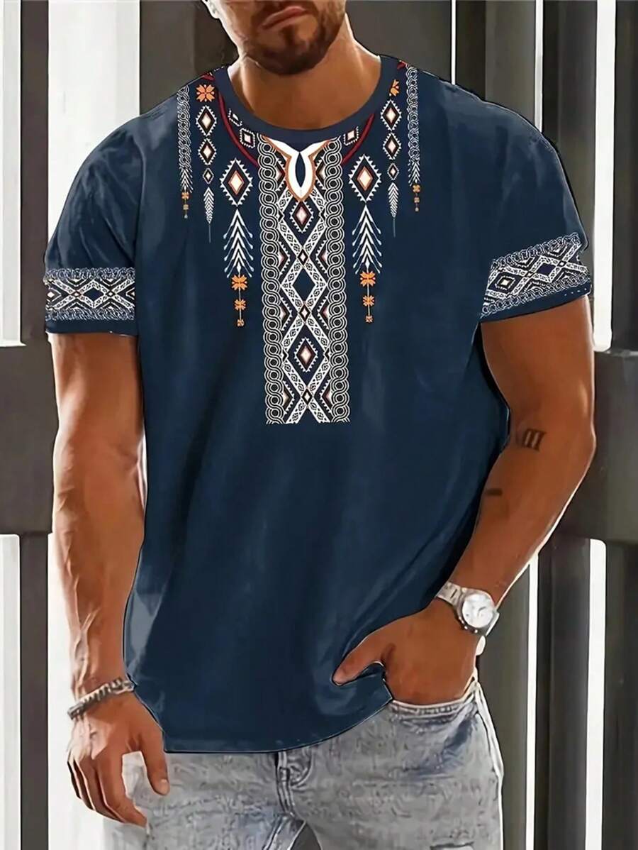 Summer Graphic Tee - Crew Neck, Short Sleeve, Slight Stretch, Polyester, Print Pattern, Casual, Regular Fit, Chic Street Wear For Men