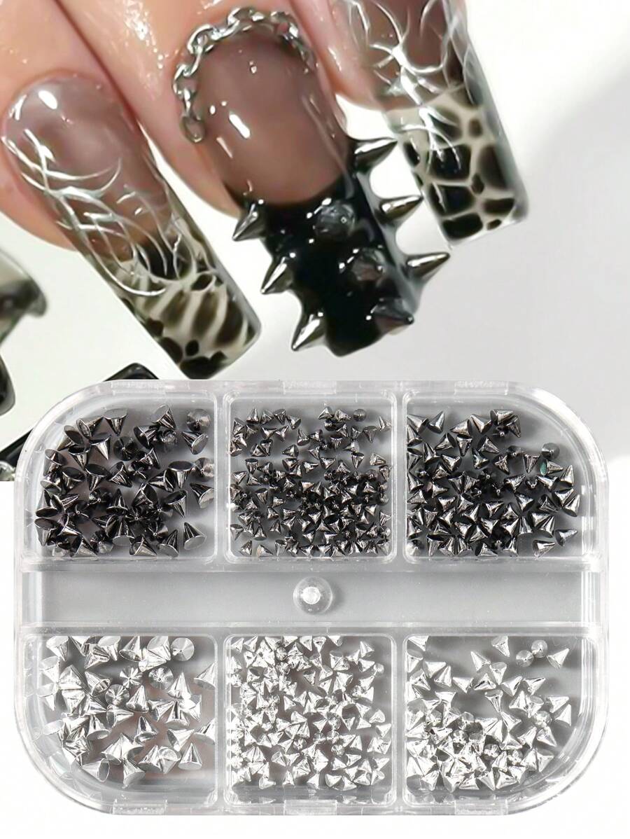 6Grids Rebites Metálicos Pregos Arte Unhas Encantos 3D Estilo Punk Rock Metal Cone Picos Na Unha Menina Legal Decoração De Unhas Manicure Peças