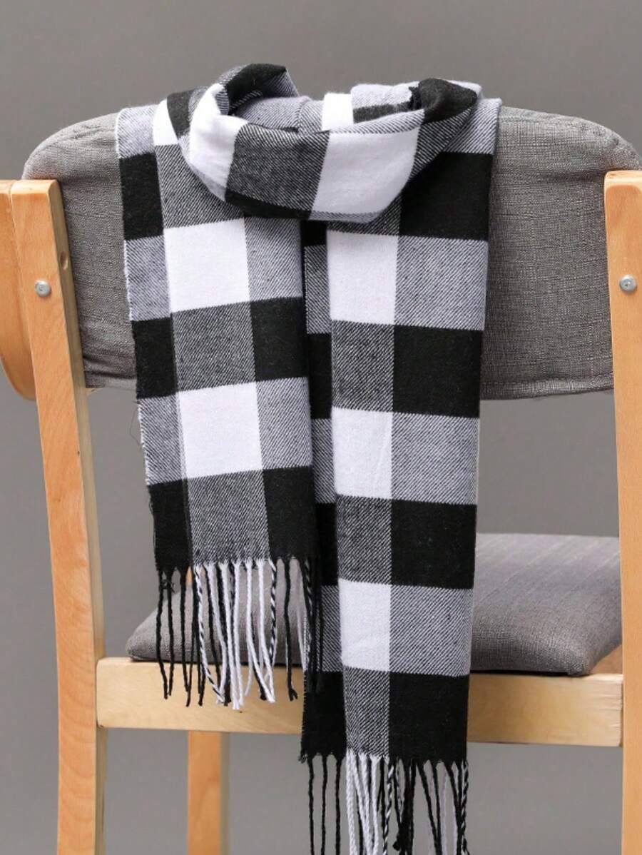 1 pièce Tour de cou en fausse cachemire carré à carreaux noir blanc gris unisexe, convient pour les sorties, les achats de groupe, les voyages, les cadeaux, le printemps, l'automne et l'hiver