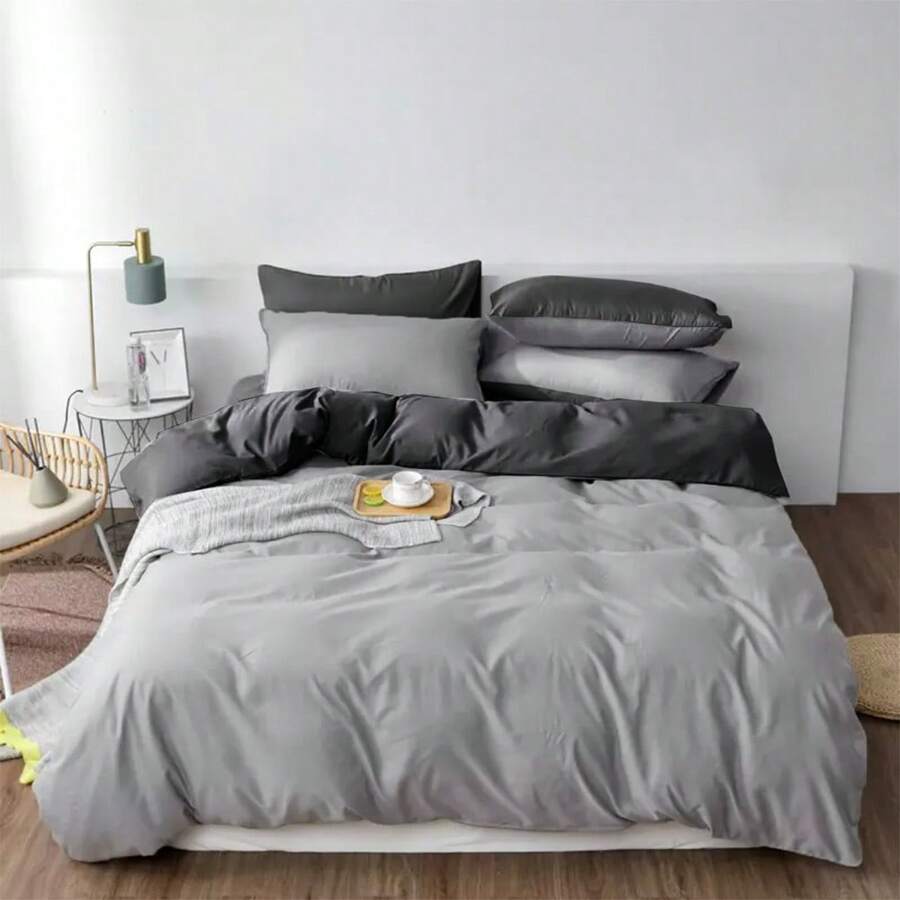 Ensemble 3 pièces, housse de couette bicolore + taie d'oreiller en tissu brossé et tissu doux pour la peau, confortable et doux, un nouveau choix de chambre à la mode