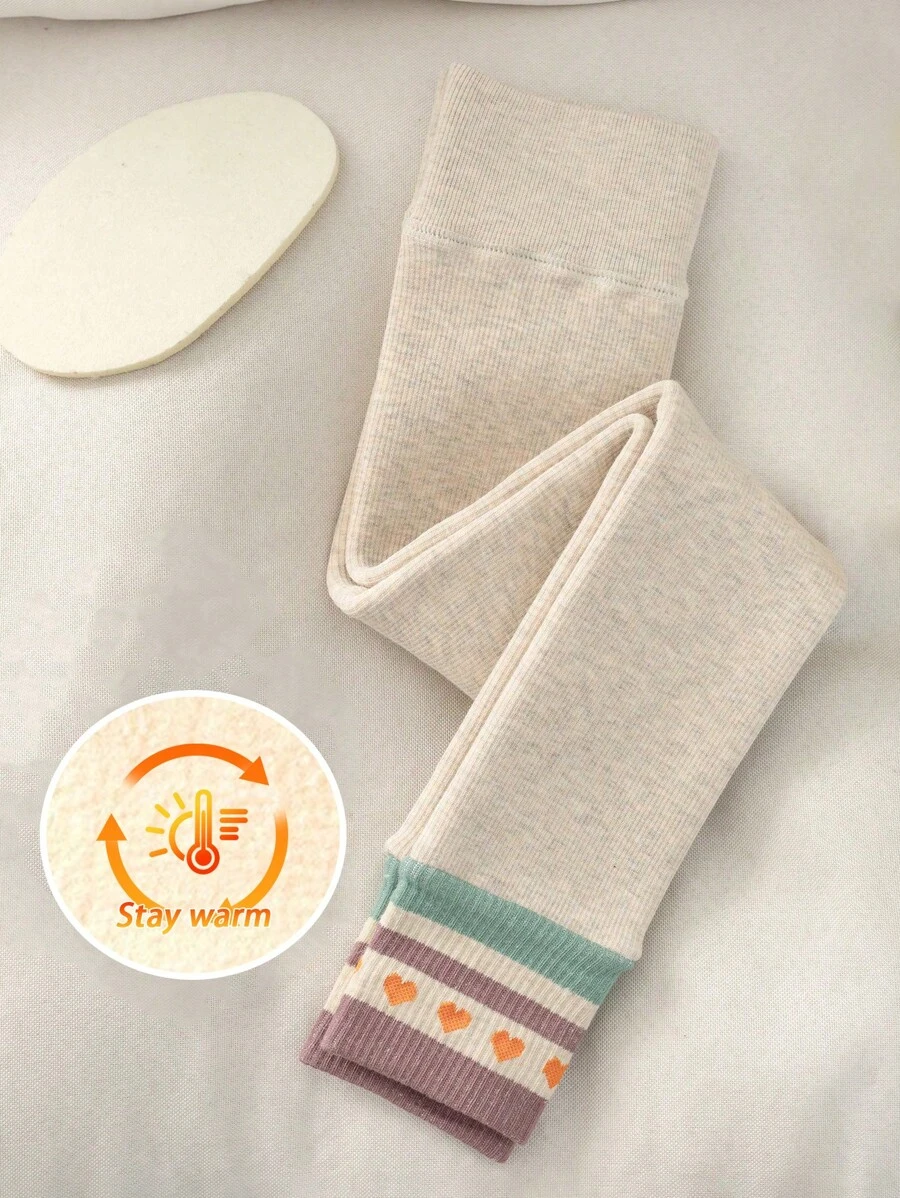 1 peça leggings térmicas com estampa de coração listrado bicolor para meninas, outono e inverno, confortáveis, macias e modernas, adequadas para uso diário ou presentes de feriado