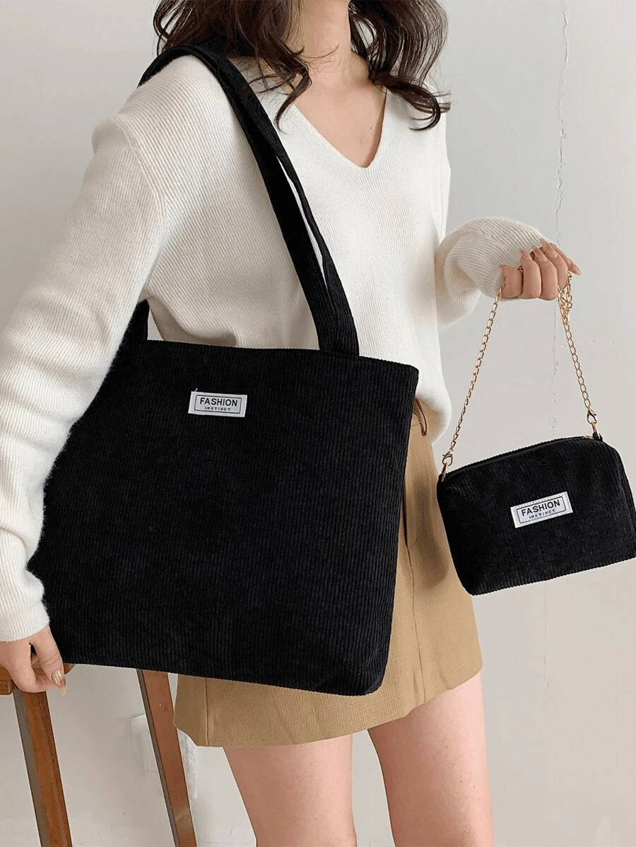 Women's Simple 2Pcs/Set Solid Color Corduroy Tote Bag And Chain Crossbody Bag, Casual Large Capacity Shoulder Bag For Commuting Work, Lightweight Outdoor Vacation Travel Underarm Bags, Shopping Grocery Storage Handbag