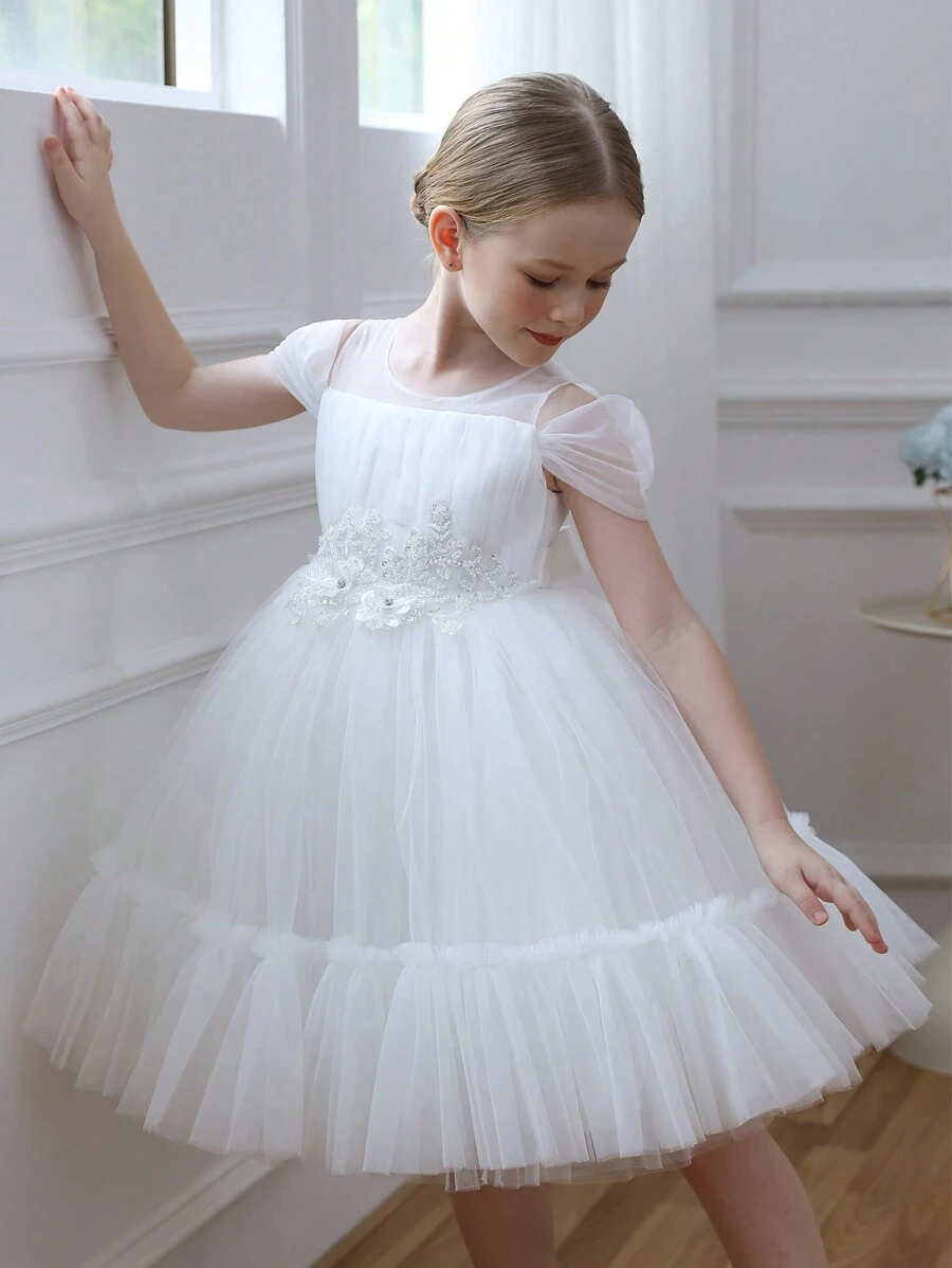 Vestido de Páscoa Elegante de Princesa com Renda e Tule para Menina Jovem, Adequado para Presente de Aniversário, Festa, Dama de Honra, Casamento, Apresentação Escolar, Feriado, Ocasião de Banquete