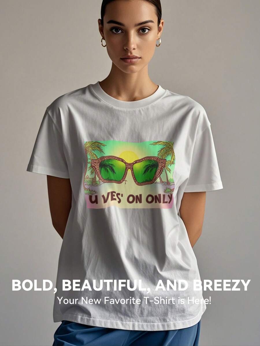Women's Print Short Sleeve T-Shirt, Black & White Shirt, 180gsm Shirt, Crew Neck Short Sleeve T-Shirt, Breathable & Comfortable Casual Sports Fitness Tee, Casual Vintage Style, Suitable For Summer, Beach Holiday Crew Neck Short Sleeve Casual T-Shirt, Summer Tee