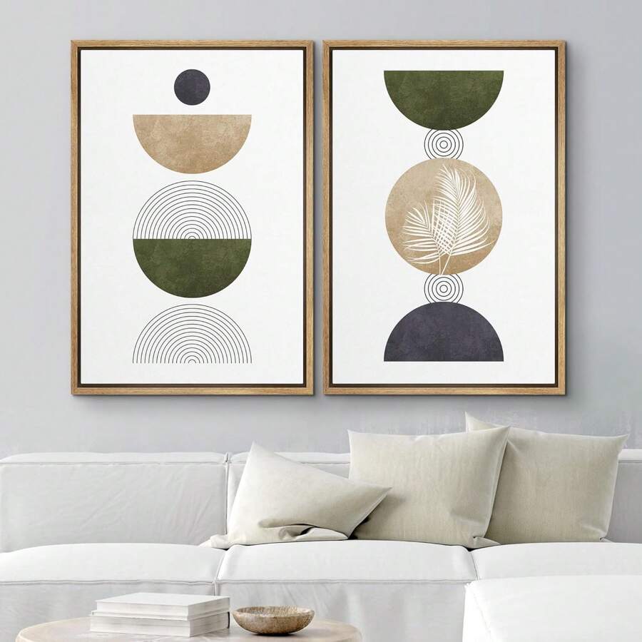 2 Pcs Lager Framed Wall Art - Mid-Century Marble Pattern Forest Plants Canvas Prints Set - Geometric Abstract Shapes Illustrations Wall Decorative Relax/Calm Modern Art For Room Decor - Ready To Hang