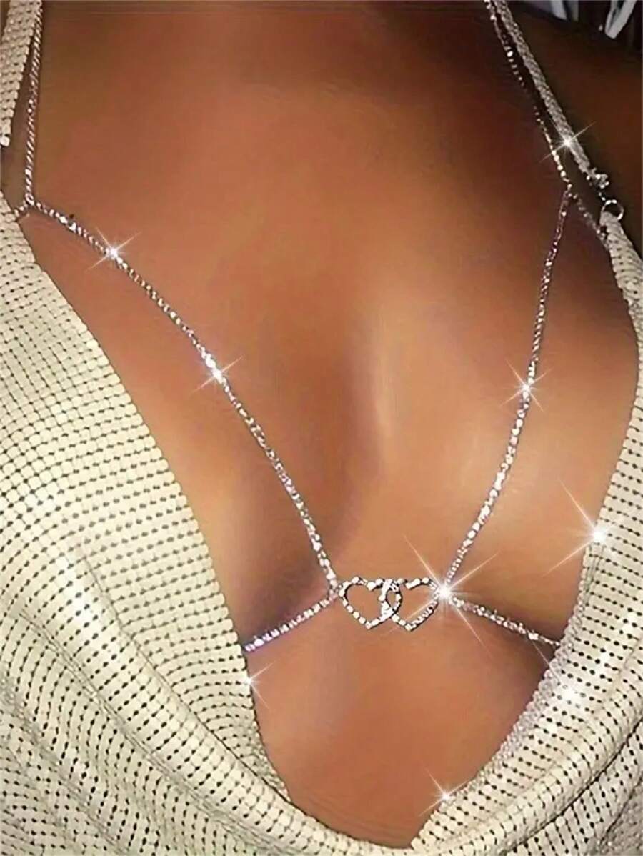 Shiny Hollow Heart Crystal Decorated Bikini Body Chain, Sexy Beach Wear Boho Luxury Party Jewelry Accessory, Summer