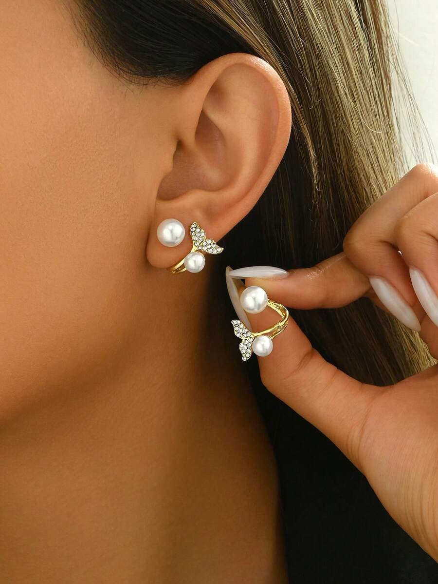 1pair Chic Fish Tail Shape Earrings With Rhinestones & Faux Pearls For Women