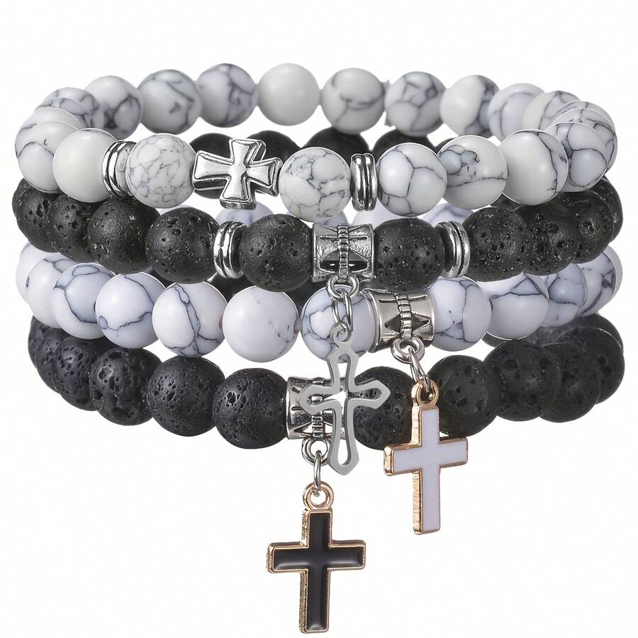 2pcs/4pcs/6pcs Classic Men's Beaded Cross Pendant Bracelet Set, Casual Daily Wear, Gift For Boyfriend, Husband, Father, Son