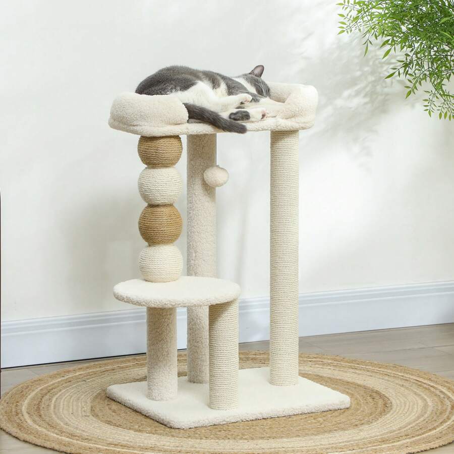 PawHut Torre per Gatti con Lettino Superiore, Piattaforma e Pallina Giocattolo, Albero Tiragraffi per Gatti in Legno, Peluche e Iuta, 48.5x40x76 cm, Beige