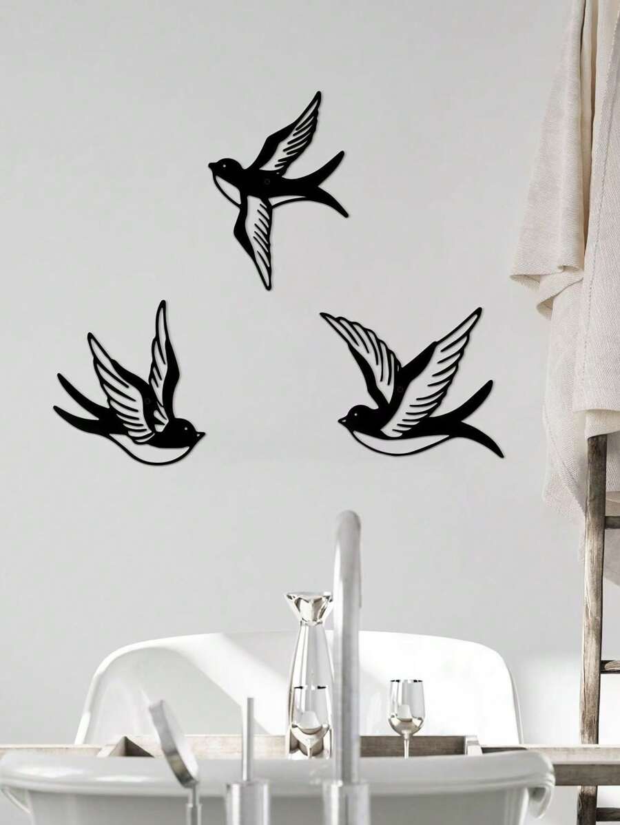3pcs 16cm Black Small Size Hollow Iron Swallow Metal Wall Art Decor, Suitable For Home, Bedroom, Kitchen, Living Room Gifts Birthday Graduation