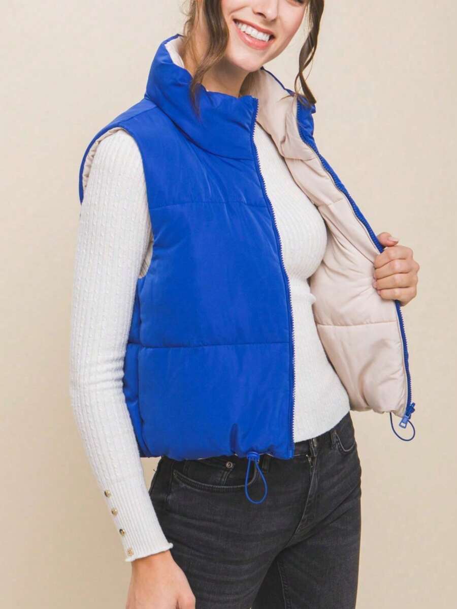 Women's Casual Puffer Vest Coat Essential Zip Up Cropped Contrast Reversible Outerwear Azure Lightweight Fabric Front Zip Closure Relaxed Fit High Collar Hip-Length Perfect For Fall/Winter Layering Outdoor Activities Travel Daily Wear