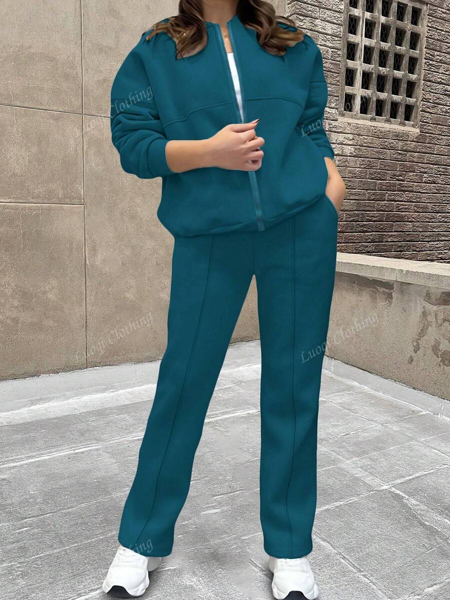 2pcs Women Classic Solid Color Minimalist Sweatshirt & Straight Pocket Pants Co-Ord Set, Suitable For Spring/Autumn/Winter
