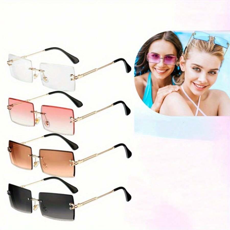 4PCS Women's Frameless Rectangular Sunglasses Men's Retro Chic Frameless Square Glasses Neutral Glasses Gradient Sunglasses