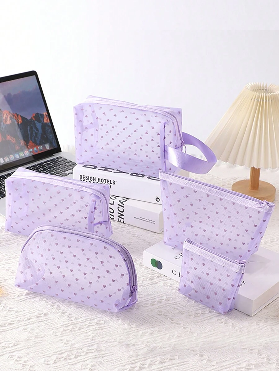 1pc/5pcs Printed Mesh Cosmetic Bag Love Cosmetic Bag Flocked Clear Storage Bag, Large Capacity Cosmetic Bag Portable Cosmetic Storage Bag, Lipstick And Coin Purse Toiletry Bag Travel Hand Storage Bag Women Lipstick Small Bag Mesh Cosmetic Bag Shell Bag Storage Hollow Toiletry Bag, Toiletry Bag Heart Printed Transparent Mesh Cosmetic Bag Travel Toiletries Toiletries Makeup Bag Makeup Bags Makeup Organizer Make Up Organizer Makeup Storage Back To School Supplies
