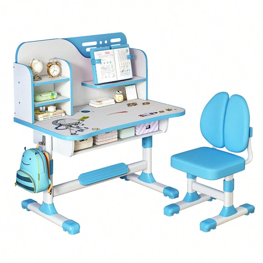 2Pcs/Set Premium Study Desk Chair Set, Height Adjustable School Study Table Chair Set With Astronaut Pattern, Ergonomic Desk Chair With Large Writing Board, Bookshelf And Drawer (Pink, Blue)