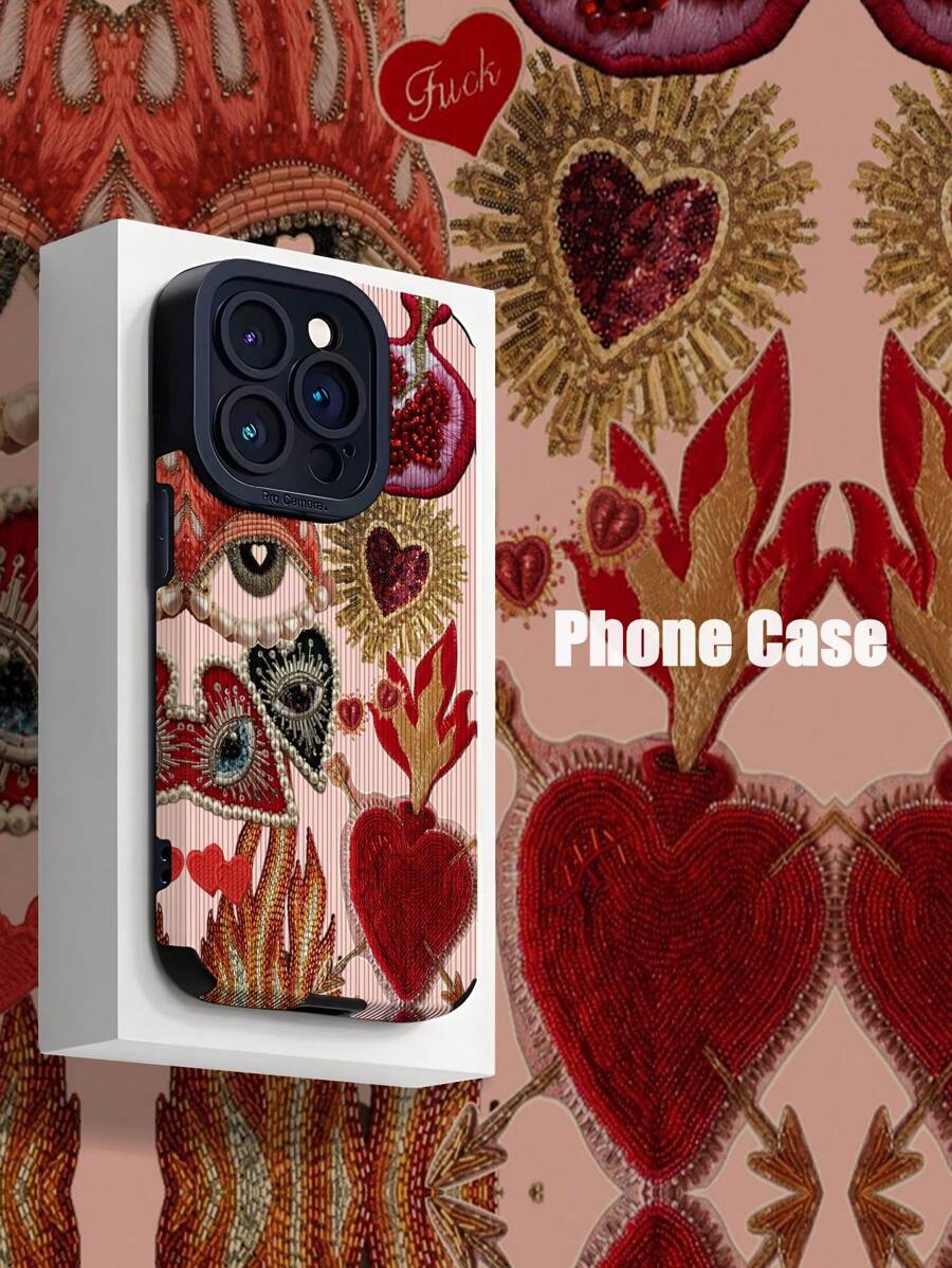 Valentines 2000s Fashion 1pc Embroidered Heart, Eye And Heart Pattern Faux Leather Soft Shockproof Phone Case Compatible With Iphone And