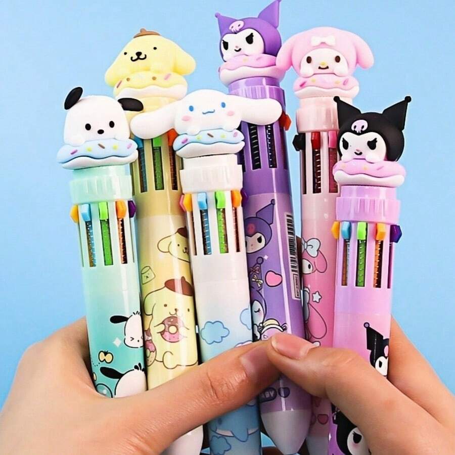 bandai 1 pennenset met 10 kleuren in de vorm van een cartoonfiguur (1 pen met 10 kleuren), schattige creatieve etui met tandpasta in de vorm van een kat, leuke organizer voor op het bureau van een student, cadeaudoos voor kantoorbenodigdheden, cartoonbalpen, set van 10 balpennen - snel drogende inkt, medium punt, leuke set kantoorbenodigdheden, geschikt voor tieners, krabbels, markeren, leuke etui, terug naar school