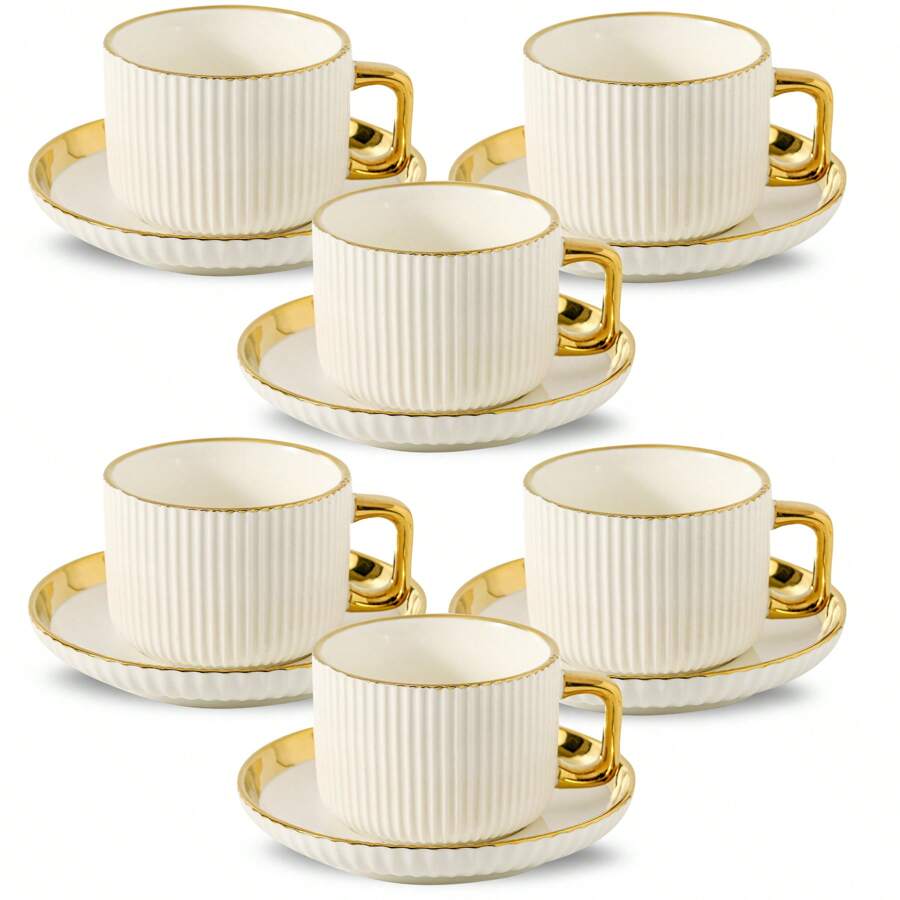 Ceramic Teacup And Saucer Set, European-Style Gold Rim Drinkware For Coffee, Tea, Party, Home, Garden, Restaurant, Suitable For Summer And Winter Back To School