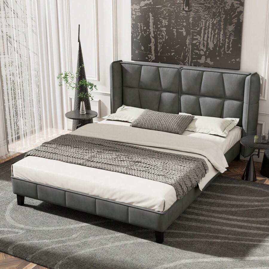 okwish Lit capitonné 140 x 200, 180 x 200, 160 x 200 cm avec sommier à lattes, lit double, lit jeunesse avec grande tête de lit, lit double classique, velours (sans matelas), gris