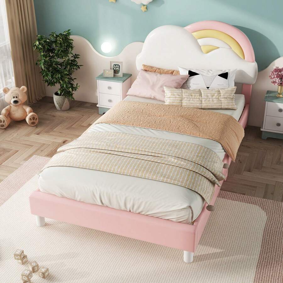 okwish lit enfant okwish 90x200cm, 140x200cm, lit simple, lit d'adolescent, lit rembourré, forme unique, tête de lit nuage arc-en-ciel, sommier à lattes en bois massif, PU, rose (sans matelas)