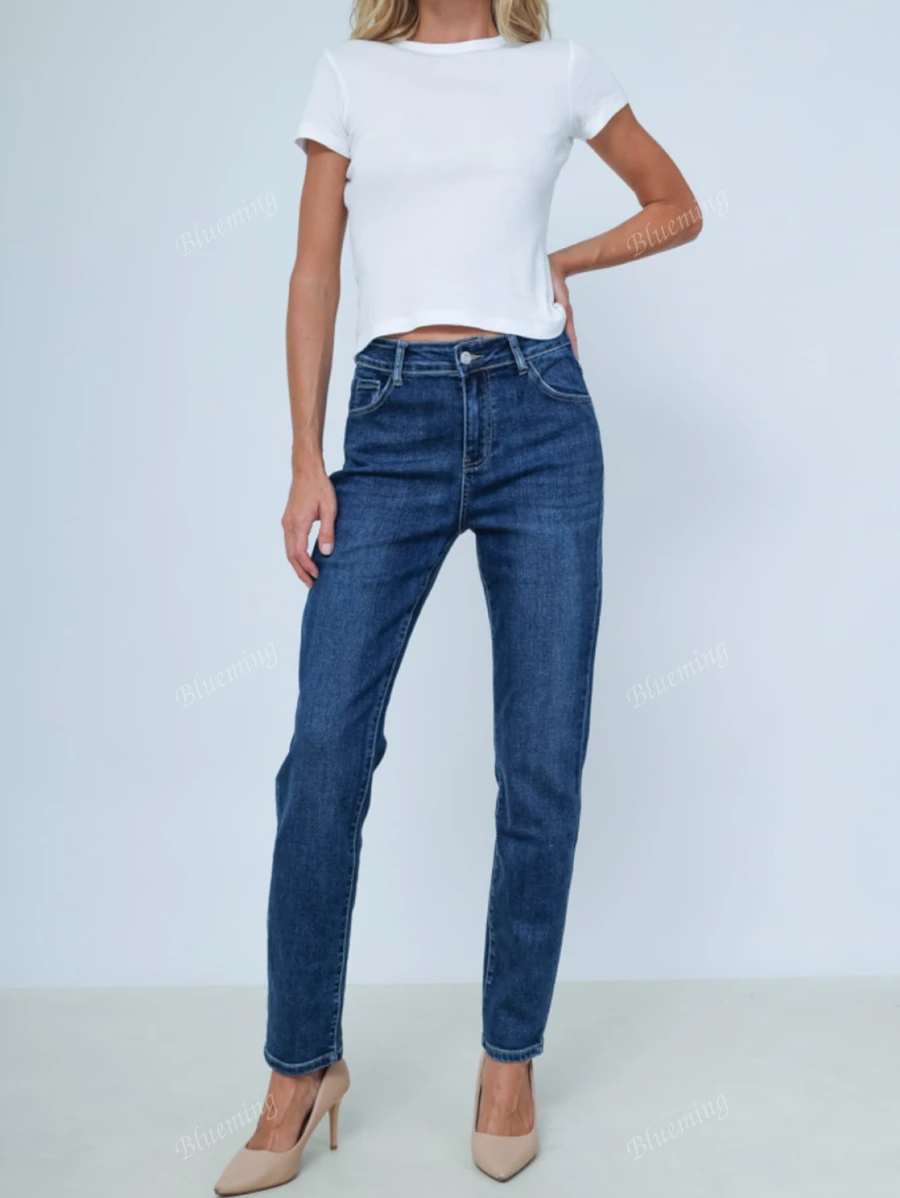 Jean slim taille haute femme bleu foncé