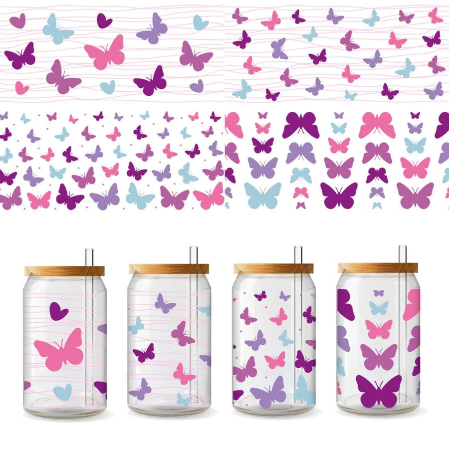 4 piezas de pegatinas de la serie de mariposas púrpura rosado UV DTF para hoja de pegatinas resistente al agua para taza de vidrio de 16 onzas, tazas decorativas, útiles escolares, manualidades y suministros de arte DIY, pegatinas de transferencia para decoración de habitaciones, hogar y paredes