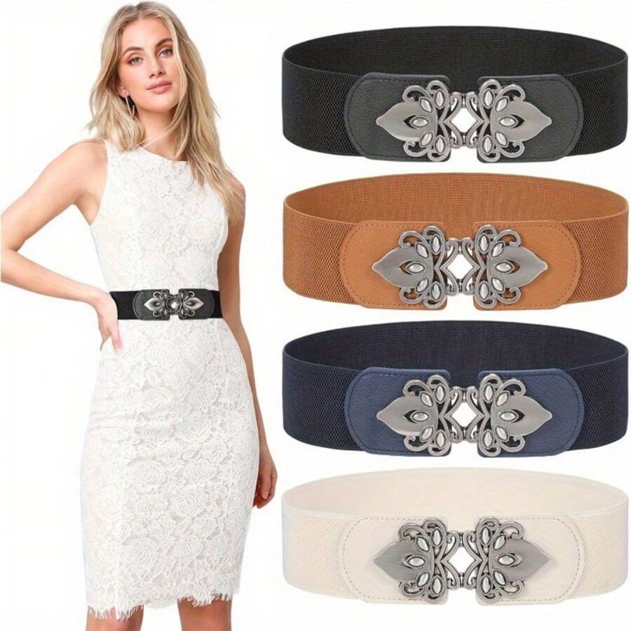 Conjunto de 4 piezas que incluye falda decorativa y abrigo de tela con cinturón elástico ancho y hebilla, de diseño versátil y elegante para mujeres