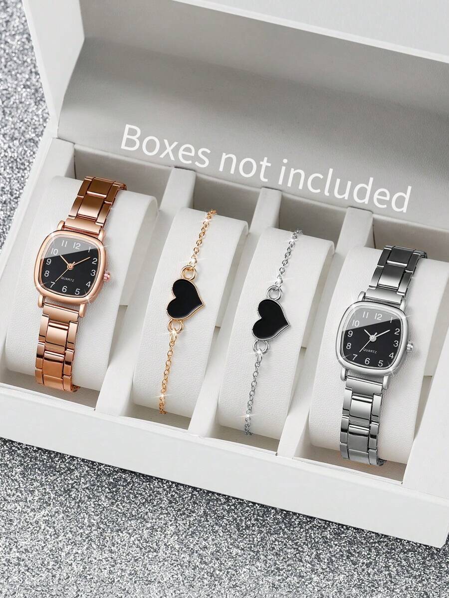 4 peças/conjunto de relógio de quartzo feminino quadrado minimalista com mostrador pequeno e pulseira com pingente de coração